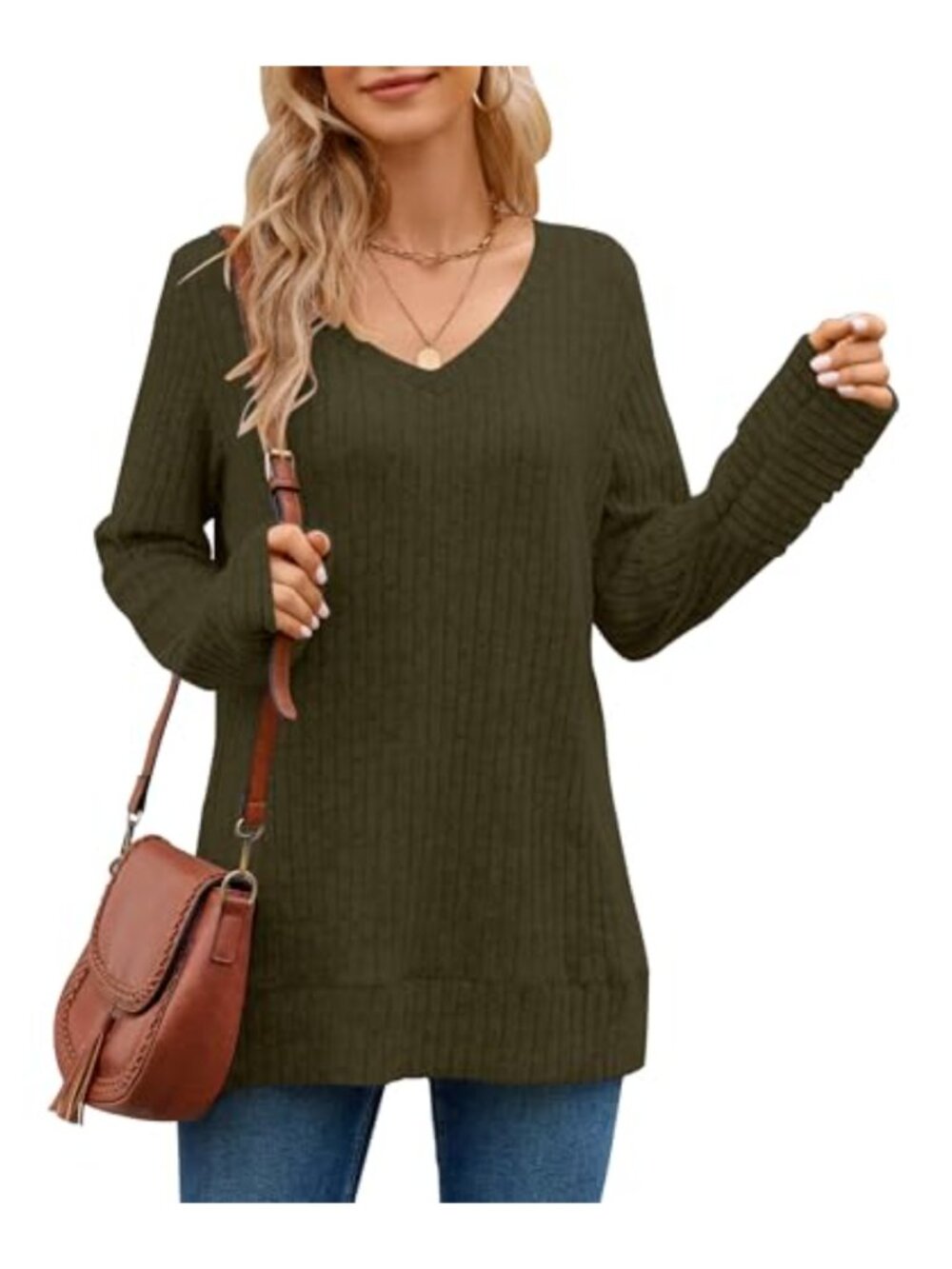 Womens Long Sleeve V Neck Tunic Top Soft Stretchy Casual Layering Pullover